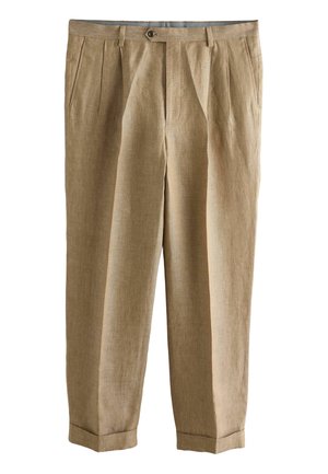 Beżowe plisowane spodnie z bocznymi kieszeniami, zapięciem na guziki, mankietami i dopasowanym krojem.