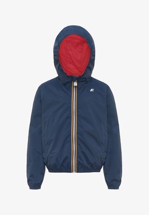 Marineblauwe gewatteerde jas met capuchon en rode voering, ritssluiting aan de voorkant met meerkleurige bies, elastische manchetten en klein logo op de linkerborst.