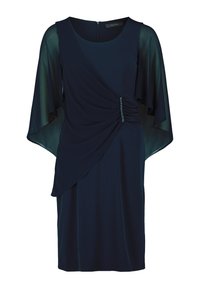 Granatowa sukienka z przezroczystymi dzwonowymi rękawami, drapowanymi detalami i marszczeniem w pasie z subtelnymi zdobieniami. Zapięcie na zamek z tyłu.