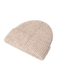 Beige strikket hue lavet af uld, med ribbet tekstur og foldet kantdesign. Blød fremtoning med et hyggeligt udseende.
