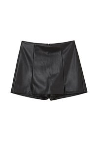 Jupe en faux cuir noir avec une texture lisse, un design structuré et une fermeture éclair à l'arrière. Comprend deux plis avant pour un détail supplémentaire.