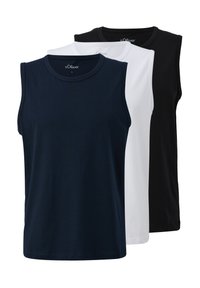 Drei ärmellose T-Shirts in Navyblau, Weiß und Schwarz. Hergestellt aus glattem Baumwollstoff, mit runden Ausschnitten und einem schlichten Design.