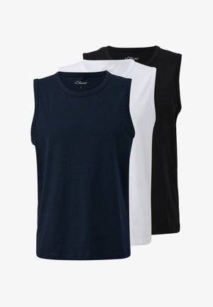Drei ärmellose T-Shirts in Navyblau, Weiß und Schwarz. Hergestellt aus glattem Baumwollstoff, mit runden Ausschnitten und einem schlichten Design.