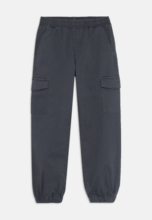 Dunkelgraue Cargo-Hose mit elastischem Bund, seitlichen Taschen, Klapptaschen an den Oberschenkeln und elastischen Bündchen an den Knöcheln.