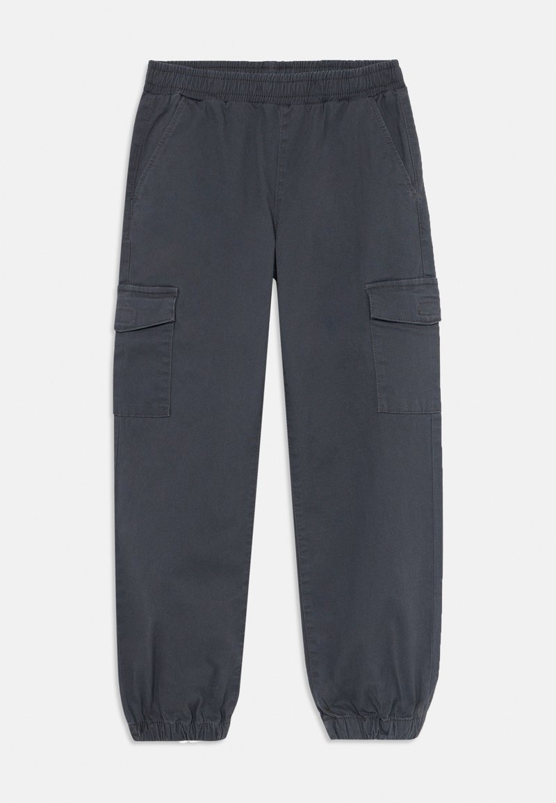 Dunkelgraue Cargo-Hose mit elastischem Bund, seitlichen Taschen, Klapptaschen an den Oberschenkeln und elastischen Bündchen an den Knöcheln.