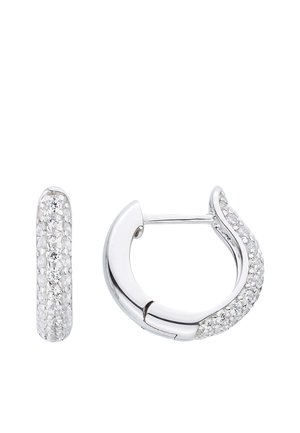 Silver hoop earrings with curved design, embedded with multiple small sparkling white gemstones, shown front and side views.
