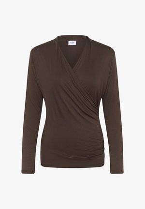 Braunes langärmliges Wrap-Top aus weichem, strukturiertem Stoff. Verfügt über einen V-Ausschnitt und gerüschte Details auf einer Seite.