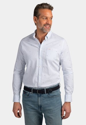 Mann mit salt-and-pepper Haaren und Bart, der ein hellblau gestreiftes Hemd mit Knöpfen und blaue Jeans trägt, schaut nach rechts und lächelt.