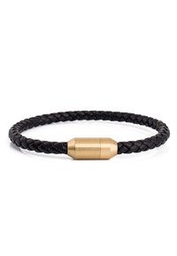 Black braided leather bracelet featuring a cylindrical gold-tone metal clasp with engraved detail. Smooth texture, simple design.