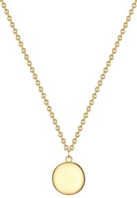 Zlata verižica za vrat z okroglo obeskom z gladko površino in poliranim zaključkom, obešena na medsebojno povezanih členih.