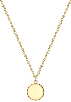 Goldene Kettenhalskette mit einem runden Anhänger mit glatter Oberfläche und polierter Oberfläche, der an miteinander verbundenen Gliedern hängt.