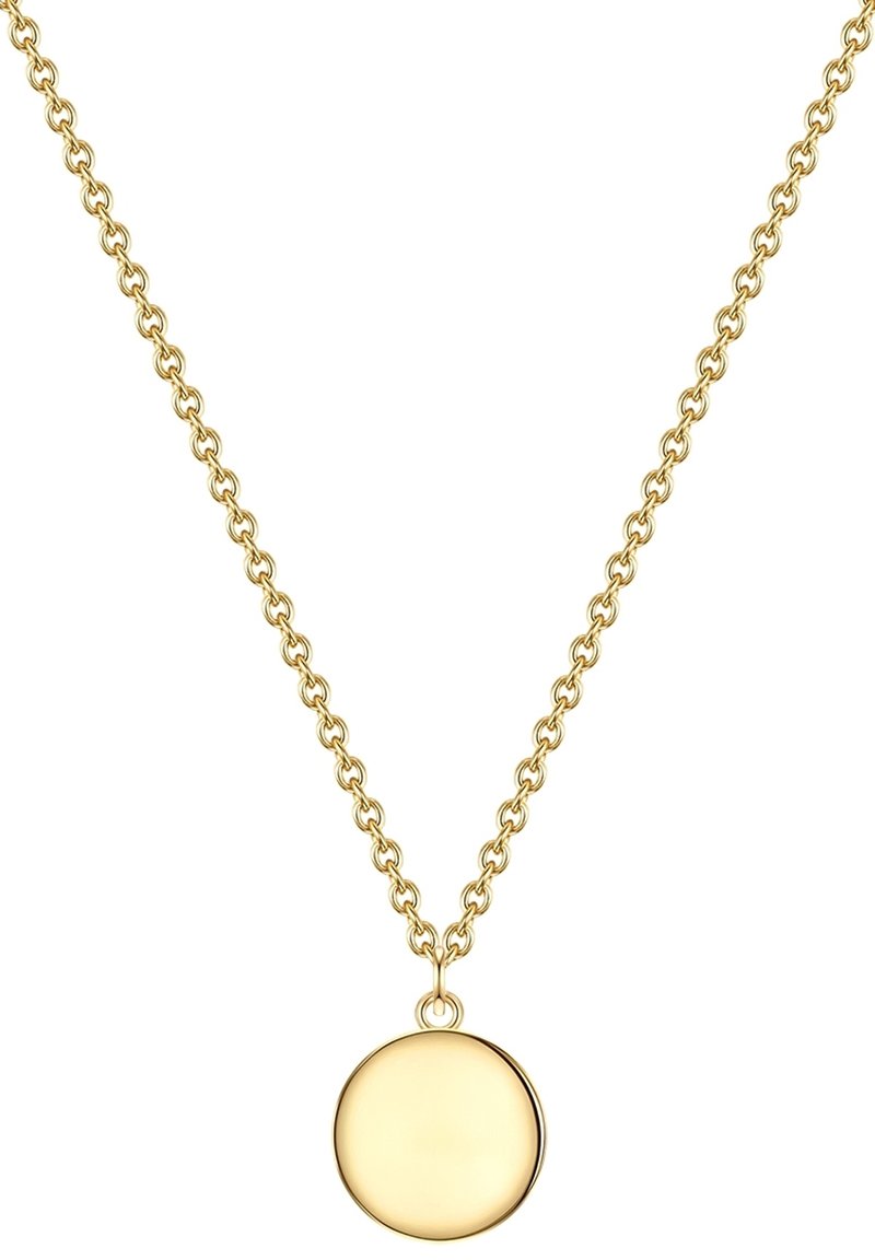 Zlata verižica za vrat z okroglo obeskom z gladko površino in poliranim zaključkom, obešena na medsebojno povezanih členih.