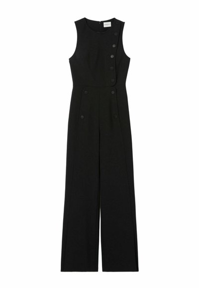 Combinaison noire sans manches avec un col rond, dotée d'une fermeture latérale à boutons et de jambes larges pour une silhouette ajustée.