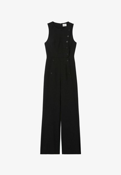 Jumpsuit nero senza maniche con scollo rotondo, dotato di chiusura laterale con bottoni e gambe larghe per una silhouette sartoriale.