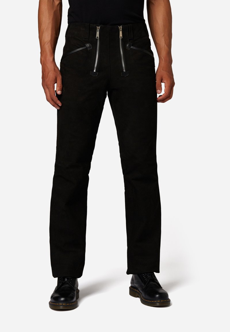 Schwarze Wildlederhosen mit geradem Schnitt. Verfügt über Reißverschluss-Fronttaschen und Lederakzente an der Taille und den Taschenkanten.