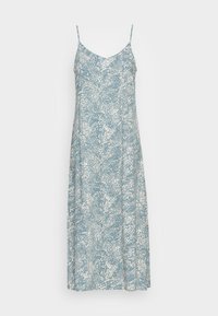Vestido maxi sin mangas de color azul claro con un patrón abstracto de puntos blancos y finas tiras ajustables en los hombros.
