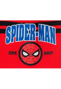 Rode stof met zwarte strepen toont "SPIDER-MAN" in blauwe tekst boven een rond beeld van het gezicht van Spider-Man met daaronder "EST. 2017".
