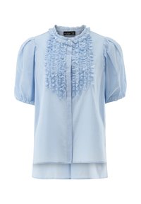 Hellblaue Bluse mit Puffärmeln, gerafften Vorderseiten-Details und einer Knopfleiste. Hergestellt aus einem glatten Stoff mit tailliertem Schnitt.