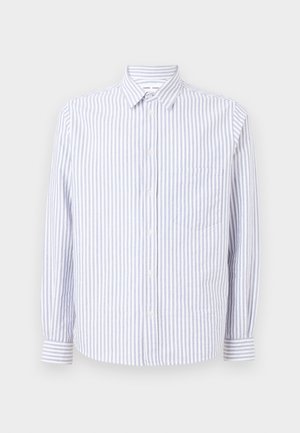 Striped button-up shirt in light blue and white. Features a pointed collar, long sleeves, and a single chest pocket. Cotton fabric.