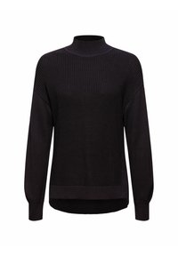 Maglione nero a maglia con colletto alto, maniche lunghe e texture a coste. Presenta una vestibilità rilassata e un orlo posteriore leggermente più lungo.
