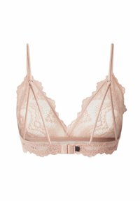 Tanssimainen pitsinen bralette pehmeässä vaaleanpunaisessa, jossa on kolmio-muoto, aaltoilevat reunat, säädettävät olkaimet ja hakas closure takana.