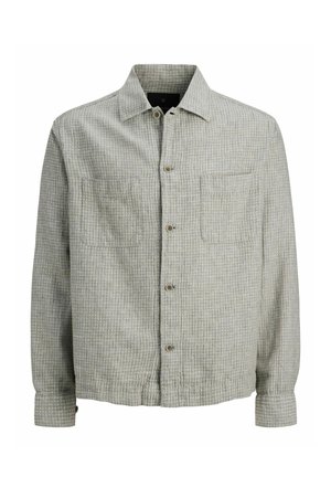 Svetlo siva jopičiasta jakna z diskretnim karo vzorcem, z dvema žepoma na prsih, dolgimi rokavi in klasičnim ovratnikom.