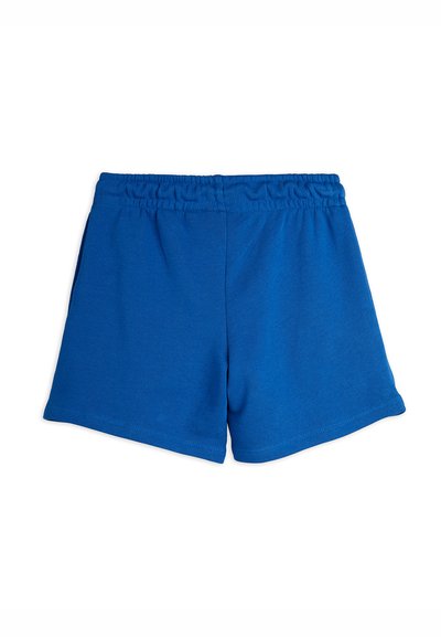 Blue cotton shorts with an elastic waistband, featuring a smooth texture and simple design. No pockets or additional details visible.