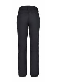 Pantalones de esquí negros, impermeables, con un ajuste entallado, cinturilla elástica y cremalleras en los tobillos. Textura suave, diseñados para actividades en clima frío.