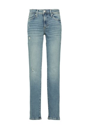 Lichtblauwe denim jeans met een rechte pijpdesign, voorzien van versleten details en een klassieke tailleband met riemlussen en voorzakken.
