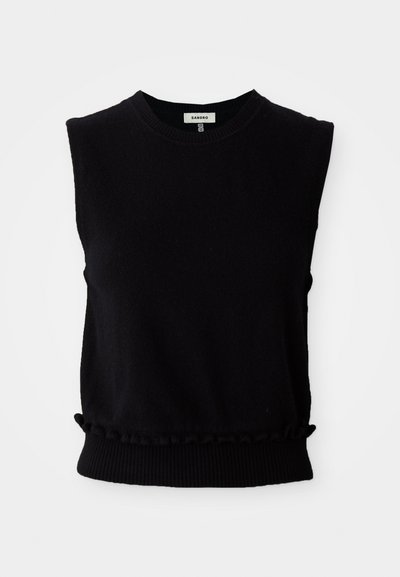 Czarny bezrękawnik wykonany z miękkiego dzianiny. Posiada okrągły dekolt oraz marszczony dół z prążkowanym wykończeniem. Prosty, nowoczesny design.