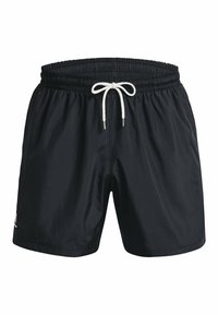Svarta badshorts i lättviktig tyg, med elastisk midja och vit dragsko samt sidorfickor. Slät textur, enkel design.