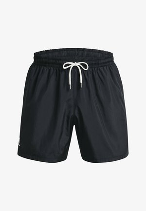 Mustad mustrid ujumispüksid kergest kangast, millel on elastne vöökoht valge nööriga ja küljetaskud. Sile tekstuur, lihtne disain.