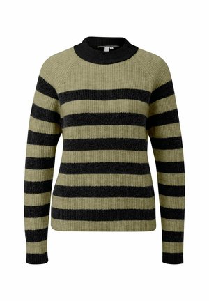 Sweter wełniany w kolorze oliwkowo-zielonym z czarnymi paskami, o prążkowanej fakturze, z okrągłym dekoltem i długimi rękawami.