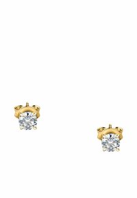 Ohrringe aus Gold mit einem großen runden klaren Edelstein, der mit sechs Krappen gefasst ist, minimalistisches Design und mit einer glatten metallischen Oberfläche.
