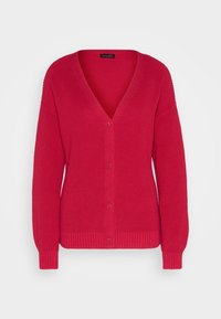 Cardigan en maille rouge avec col en V, manches longues, poignets et ourlet côtelés, doté d'une fermeture boutonnée. Tissu texturé et coupe décontractée.