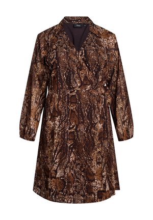 Brown and beige snake print dress with a collar, long sleeves, and a wrap design. Smooth fabric with a lightweight texture.