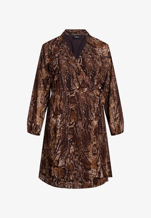 Abito a stampa serpente marrone e beige con colletto, maniche lunghe e design avvolgente. Tessuto liscio con una texture leggera.