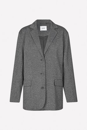 Gray textured blazer featuring a notched collar, three buttons, and two front pockets. Made of woven fabric with a structured silhouette.