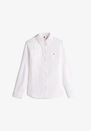 Weißes Langarm-Hemd aus Leinen mit klassischem Kragen, erhältlich mit kleinem Logo auf der linken Brust. Glatte Textur, lässiger Schnitt.
