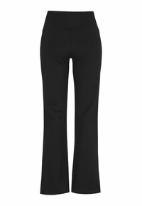 Schwarze weit geschnittene Hose mit einem breiten, elastischen Bund. Hergestellt aus einem glatten, weichen Stoff. Keine auffälligen Muster oder Hardware sichtbar.