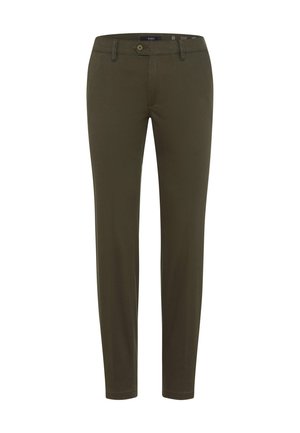 Olijfgroene broek gemaakt van een soepele, rekbare katoenmix. Bevat een klassiek design met voorzakken en een enkele knoopsluiting.