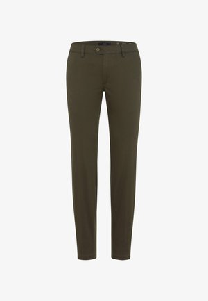 Pantaloni verde oliva realizzati in un morbido e elastico misto cotone. Presentano un design classico con tasche frontali e chiusura a un bottone.