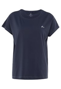 Námorně modré sportovní tričko krátký rukáv s kulatým výstřihem a malým reflexním logem na levém horním prsu.