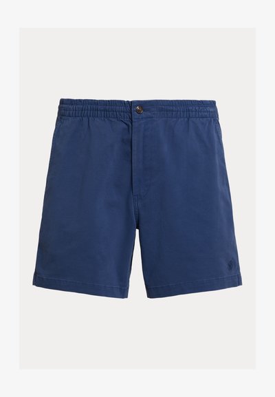 Shorts de bain bleu marine avec une ceinture élastique, une fermeture à bouton et des poches latérales. Fabriqués en tissu léger avec une texture lisse.