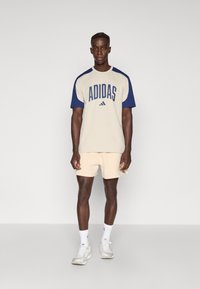 Bež majica s kratkimi rokavi z modrimi poudarki in logotipom "ADIDAS". Kombinirana s svetlo bež kratkimi hlačami in belimi supergami. Preprost športni dizajn.