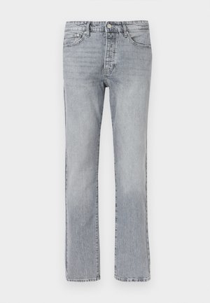 Light-wash straight-leg jeans with front button and zipper, five pockets, and visible seam stitching.