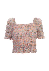 Top corto floreale in tessuto leggero e trasparente. Presenta colori pastello, maniche a palloncino, corpetto arricciato e orlo arricciato.