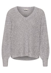 Pull en maille gris avec un col en V, des manches longues et une coupe ample. Présente un motif texturé avec des taches plus claires partout.