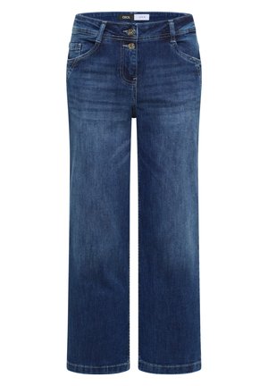 Jean en denim bleu foncé avec jambes larges, deux boutons à l'avant, poches avant et passants pour ceinture, posé à plat sur fond blanc.