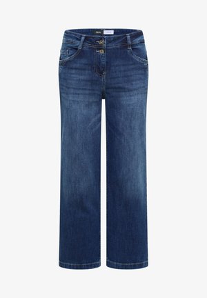 Jean en denim bleu foncé avec jambes larges, deux boutons à l'avant, poches avant et passants pour ceinture, posé à plat sur fond blanc.